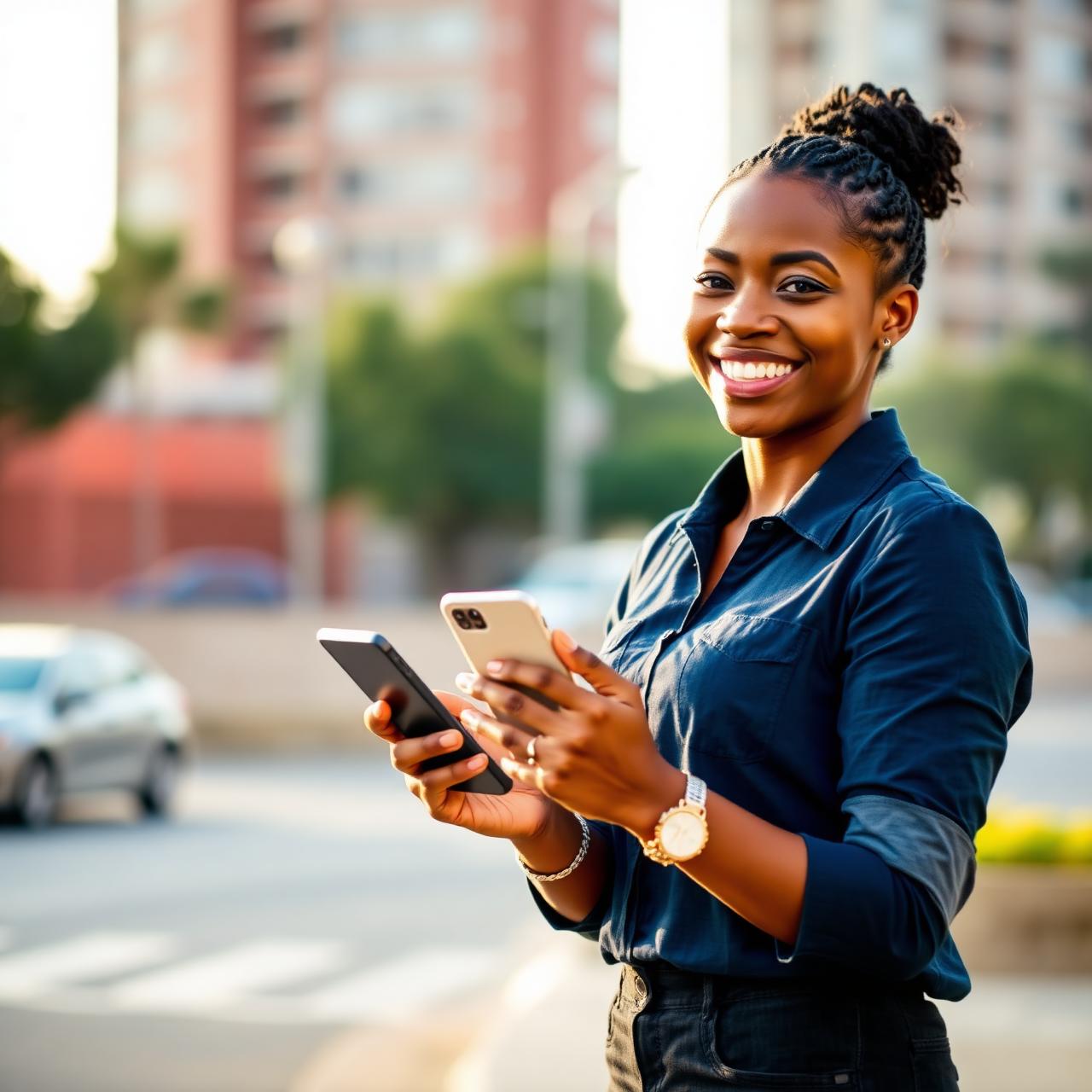 Young Motswana woman connecting on her smartphone with a Chengeta Connect SIM